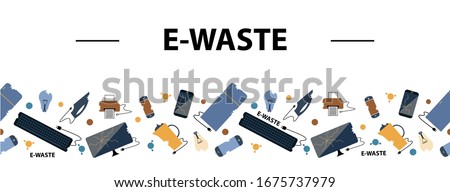 Horizontal seamless border. E-Waste sorting and recycling. Flat design style colorful illustration.  Electrical waste symbols collection -  computer; phone; kettle; printer; monitor; broken glass