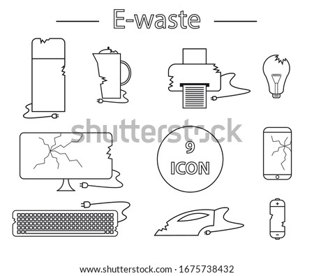 Line style icon collection - black and white e-waste elements. Electrical waste symbols collection -  computer; phone; kettle; printer; monitor; broken glass; iron, battery, keyboard, light bulb.
