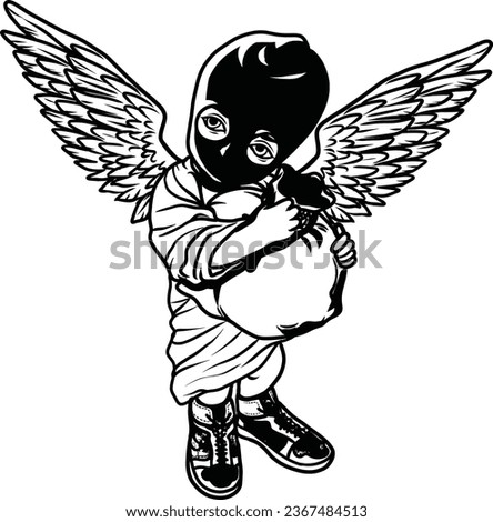 Baby Angel Carrying Money Bag Big Wings Sneakers Shoes Ski Mask Burglar Crime Child Gangster Hustler Hustling Grind Grinding