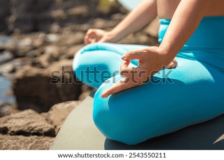 Similar – Image, Stock Photo Female relaxing on cliff and admiring picturesque view