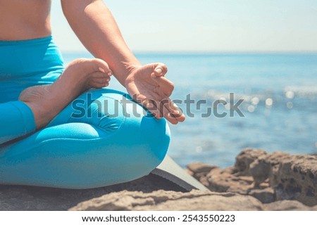 Similar – Image, Stock Photo Female relaxing on cliff and admiring picturesque view