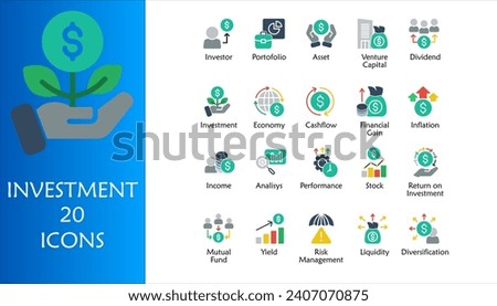 Investment icon set. Containing investor, mutual fund, asset, risk management, economy, financial gain, interest and stock icons. Color Fill icon collection.