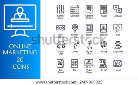 Online marketing icon set. Containing business idea, email, design, video player, cloud user, pay per click, calendar, content writing, language, podium, like and star rating. Color outline vector