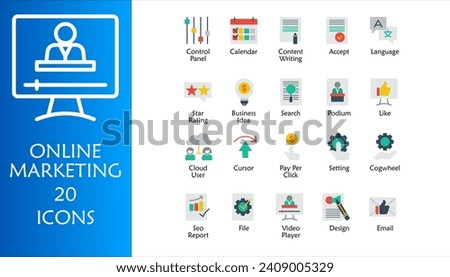 Online marketing icon set. Containing business idea, email, design, video player, cloud user, pay per click, calendar, content writing, language, podium, like and star rating. Color vector symbol