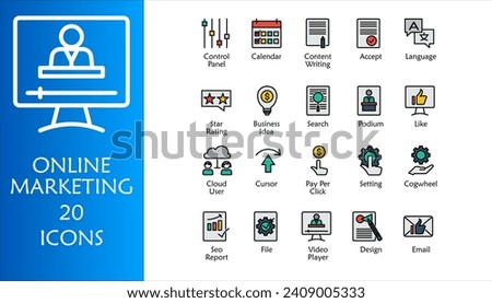 Online marketing icon set. Containing business idea, email, design, video player, cloud user, pay per click, calendar, content writing, language, podium, like and star rating. Color lineal vector