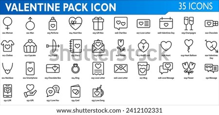 Valentine icon set. Containing clothes, perfume, love letter, ring, chocolate box, necklace, cupcake, cupid, diary, flower, heart lock, chat box, gift box and heart box. Outline syle collection