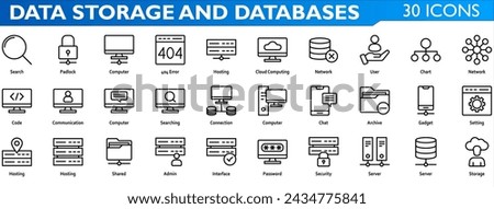 Data Storage and Databases icon set. Containing padlock,computer,hosting,404 error,cloud computing,network,user,code,communication,connection,setting,shared,password,server and security. Outline Style