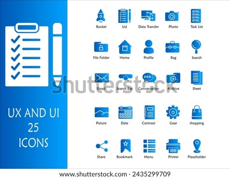 UX and UI icon set. Containing list,data transfer,photo,task list,file folder,home,profile,bag,search,email,search bar,archive,sheet,picture,date,gear,share,bookmark,menu,printer. Solid Gradient