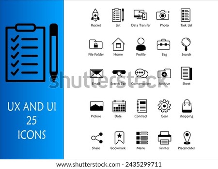 UX and UI icon set. Containing list,data transfer,photo,task list,file folder,home,profile,bag,search,email,search bar,archive,sheet,picture,date,gear,share,bookmark,menu,printer. Mixed