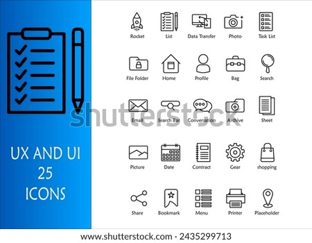 UX and UI icon set. Containing list,data transfer,photo,task list,file folder,home,profile,bag,search,email,search bar,archive,sheet,picture,date,gear,share,bookmark,menu,printer. Outline