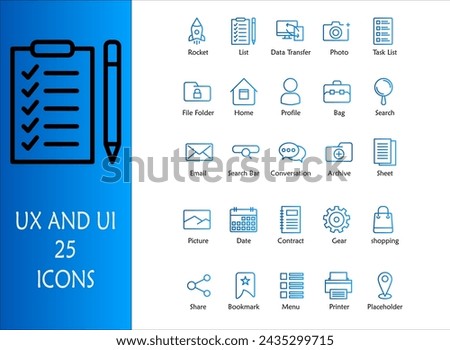 UX and UI icon set. Containing list,data transfer,photo,task list,file folder,home,profile,bag,search,email,search bar,archive,sheet,picture,date,gear,share,bookmark,menu,printer. Line Gradient