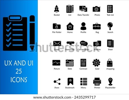 UX and UI icon set. Containing list,data transfer,photo,task list,file folder,home,profile,bag,search,email,search bar,archive,sheet,picture,date,gear,share,bookmark,menu,printer. Solid