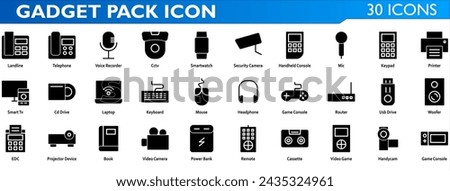 Gadget icon set. Containing landline,voice recorder,cctv,smartwatch,security camera,handheld console,mic,keypad,printer,smart tv,cd drive,laptop,keyboard,mouse,game console. Solid style collection