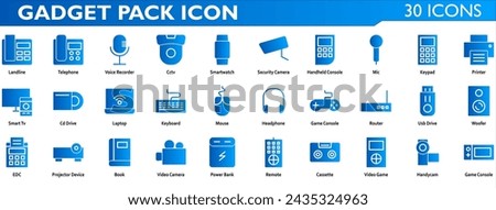 Gadget icon set. Containing landline,voice recorder,cctv,smartwatch,security camera,handheld console,mic,keypad,printer,smart tv,cd drive,laptop,keyboard,mouse,game console. Solid gradient style