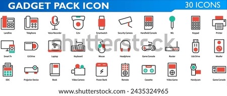 Gadget icon set. Containing landline,voice recorder,cctv,smartwatch,security camera,handheld console,mic,keypad,printer,smart tv,cd drive,laptop,keyboard,mouse,game console. Mixed color style