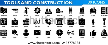 Tools icon set. Containing configuration,hand drill,work tool,edit tools,factory,ladder,oil tank,oil truck,socket,locked delivery,building,power plug,toolbox,trowel,spade. Solid style collection