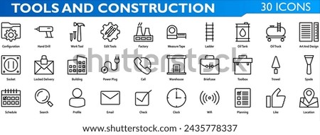 Tools icon set. Containing configuration,hand drill,work tool,edit tools,factory,ladder,oil tank,oil truck,socket,locked delivery,building,power plug,toolbox,trowel,spade. Line style collection