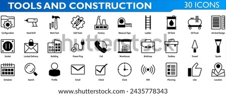 Tools icon set. Containing configuration,hand drill,work tool,edit tools,factory,ladder,oil tank,oil truck,socket,locked delivery,building,power plug,toolbox,trowel,spade. Mixed style collection