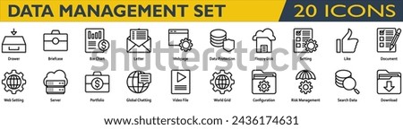 Accounting icon set. Containing Drawer,Briefcase,Bar Chart,Letter,Webpage,Data Protection,Setting,Like,Document,Web Setting,Portfolio,Risk Management. outline style