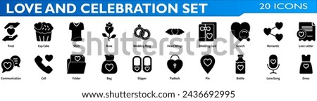 Love and celebration icon set. Containing trust,rose,wedding ring,heart wings,wedding card,romantic,love letter,communication,pin,love song,dress. Solid style collection