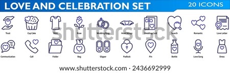 Love and celebration icon set. Containing trust,rose,wedding ring,heart wings,wedding card,romantic,love letter,communication,pin,love song,dress. Line Color style collection