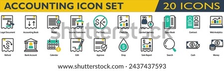 Accounting icon set. Containing Legal Document,Accounting Book,Income Statement,Locked Delivery,Open Book,Contract,Web Analytics,Refund,Bank Account,Sale Report,Cash,Money . Mixed Color style