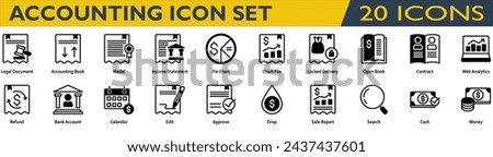 Accounting icon set. Containing Legal Document,Accounting Book,Income Statement,Locked Delivery,Open Book,Contract,Web Analytics,Refund,Bank Account,Sale Report,Cash,Money . Mixed style collection