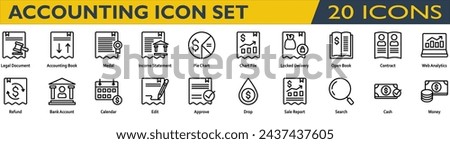 Accounting icon set. Containing Legal Document,Accounting Book,Income Statement,Locked Delivery,Open Book,Contract,Web Analytics,Refund,Bank Account,Sale Report,Cash,Money . line style collection