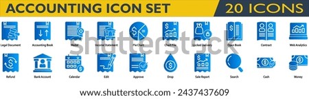 Accounting icon set. Containing Legal Document,Accounting Book,Income Statement,Locked Delivery,Open Book,Contract,Web Analytics,Refund,Bank Account,Sale Report,Cash,Money . Solid gradient style