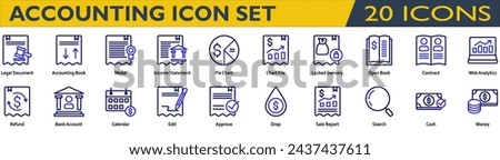 Accounting icon set. Containing Legal Document,Accounting Book,Income Statement,Locked Delivery,Open Book,Contract,Web Analytics,Refund,Bank Account,Sale Report,Cash,Money. Line color style collection