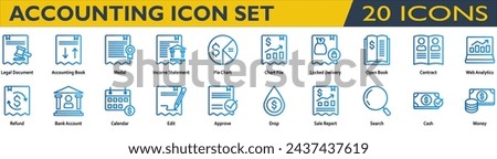Accounting icon set. Containing Legal Document,Accounting Book,Income Statement,Locked Delivery,Open Book,Contract,Web Analytics,Refund,Bank Account,Sale Report,Cash,Money . line gradient style