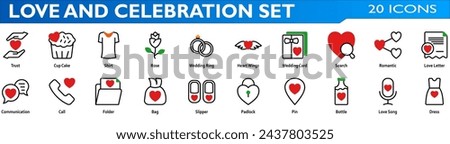 Love and celebration icon set. Containing trust,rose,wedding ring,heart wings,wedding card,romantic,love letter,communication,pin,love song,dress. Mixed color style collection