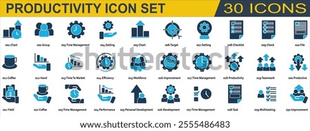 Productivity icon set. Containing Chart,Group,Time Management,Setting,Target,Checklist,File,Time to Market,Efficiency,Workforce,Improvement,Productivity,Teamwork,Productive,Yield,Performance, Duotone