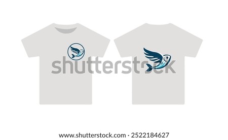 Off white colour  with  Flaying Fish logo t-shirt design template. Vector illustration with Flying Fish, Hook silhouette. Perfect design for print on the t-shirt.