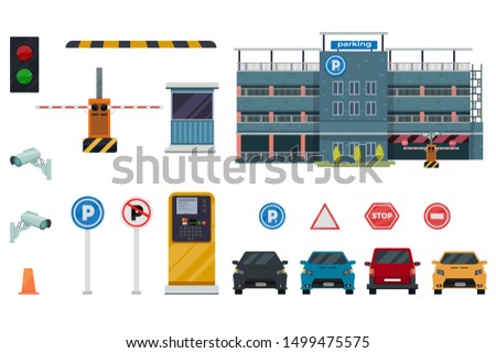 Icon isolated flat conceptual parking set with different aspects of parking process vector illustration