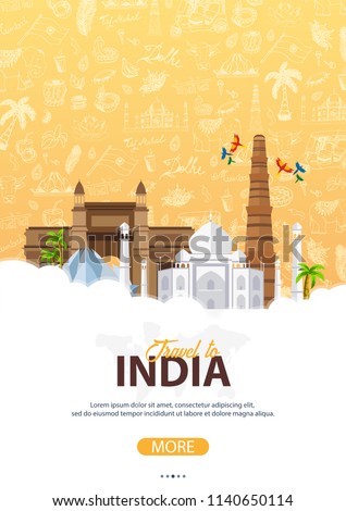 India travel banner. Indian Hand drawn doodles on background. Vector illustration