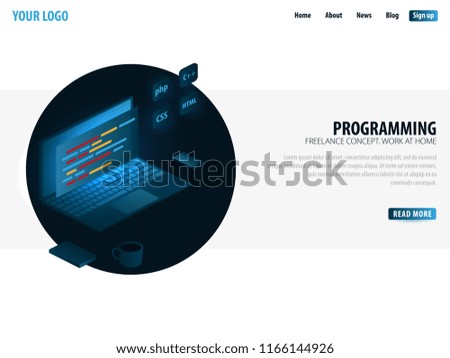 Isometric Developing programming and coding technologies. Can use for web banner or infographics. Freelance concept. Work at home