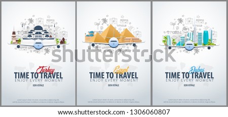 Travel to Turkey, Egypt and Dubai. Time to Travel. Banner with airplane and hand-draw doodles on the background. Vector Illustration