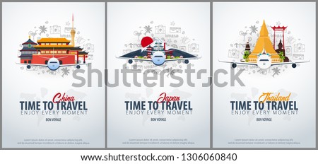 Travel to China, Japan and Thailand. Time to Travel. Banner with airplane and hand-draw doodles on the background. Vector Illustration