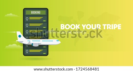 Time to travel banner Online booking service. Book travel on the smartphone. Trip planning. Online reservation of plane and train tickets