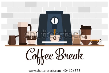 Coffee break flat design. Cup set. Coffee machine, shelf