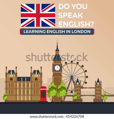 Learning English in London. Education in England. Flat design