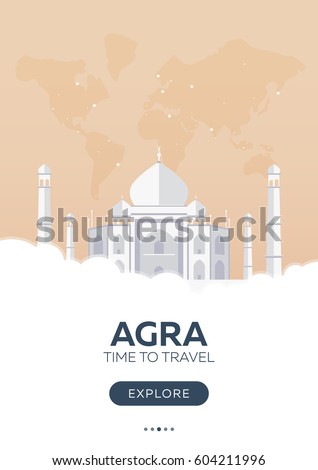 India. Agra. Taj Mahal. Time to travel. Travel poster Vector flat illustration