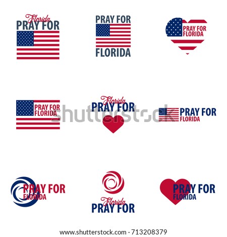 Set of logos or emblems Pray for Florida. Hurricane over Miami. Vector illustration