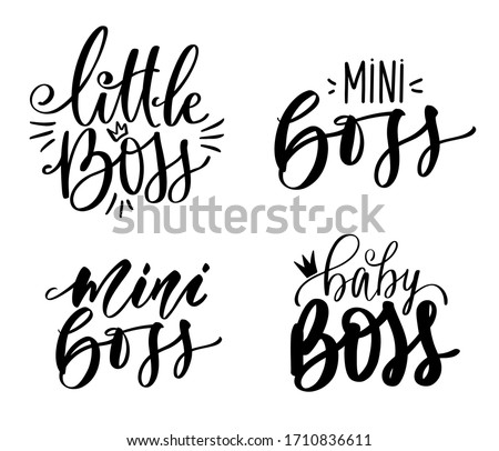 Baby, little mini Boss vector set of lettering quotes with queen crown isolated on a white background. Cute design for baby clothes, t-shirt print, birthday decoration, nursery poster, cards, logo.