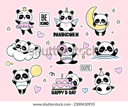 Cute Panda Bear Collection. Baby Animal Doodle Vector Illustrations Set with Happy Birthday Cake, Sleeping, Unicorn, Princess. Fun Kids Print Isolated on White.
