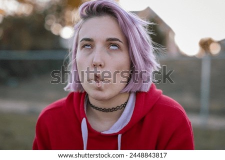 Similar – Image, Stock Photo Funny woman making silly face on street