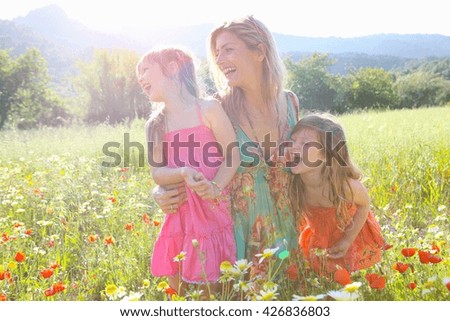 Similar – Image, Stock Photo Six corn poppies in a group on a field, the edge of a forest in the background