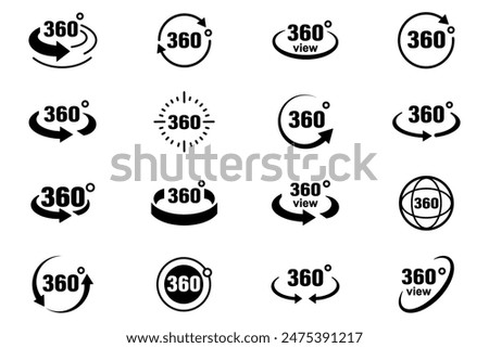 360 degrees arrow, rotate around set icon. Circle signs vertical, horizontal and diagonal view with arrows rotation to 360 degrees. Virtual reality. Rotate cycle, circular moving symbol. EPS 10