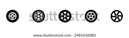 Black rubber wheel tire set. Wheel tires. Car tire tread tracks, motorcycle racing wheels and dirty tires track. Tyres road maintenance vector automobile. Auto wheel tyre. Vector illustration. EPS 10